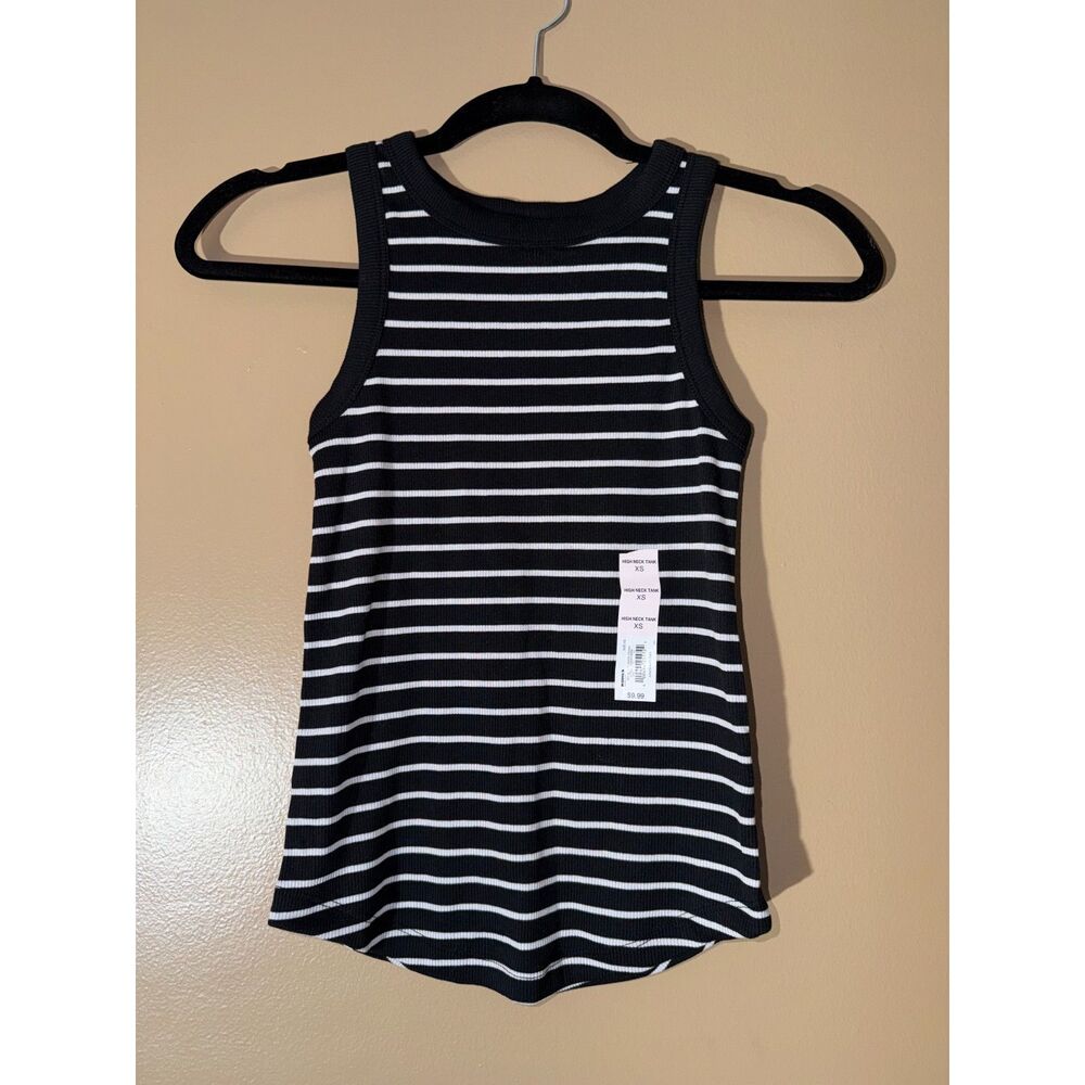 SO Juniors Black White Striped High Neck Tank Top XS NWT